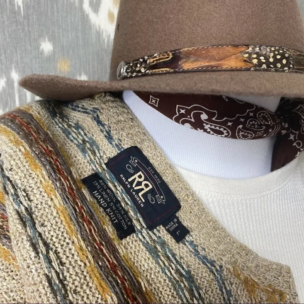 Double RRL Tan Multi Fair-isle V Neck Sweater Vest